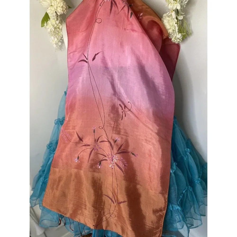 100% Silk Hand‎ Painted Rectangular Scarf Dragonfly Design 16